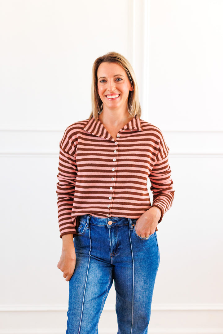 STRIPED COTTON CARDIGAN - BROWN/ BLUSH