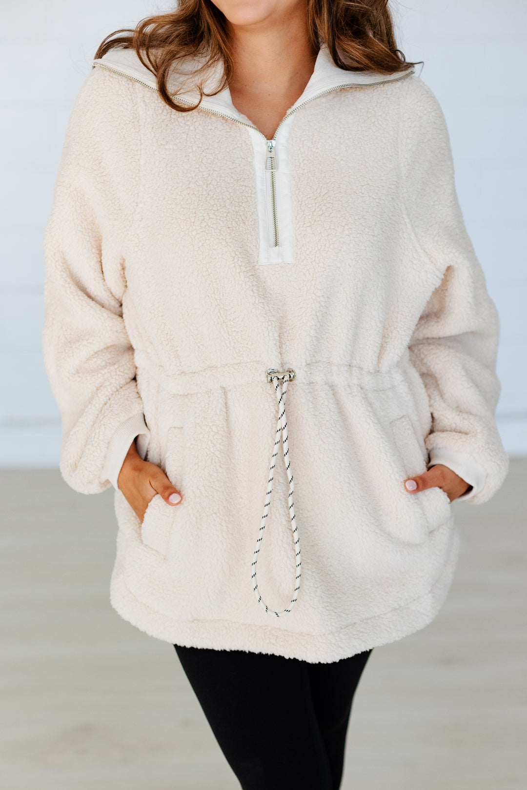 TAUPE CORDED WAIST FLEECE PULLOVER