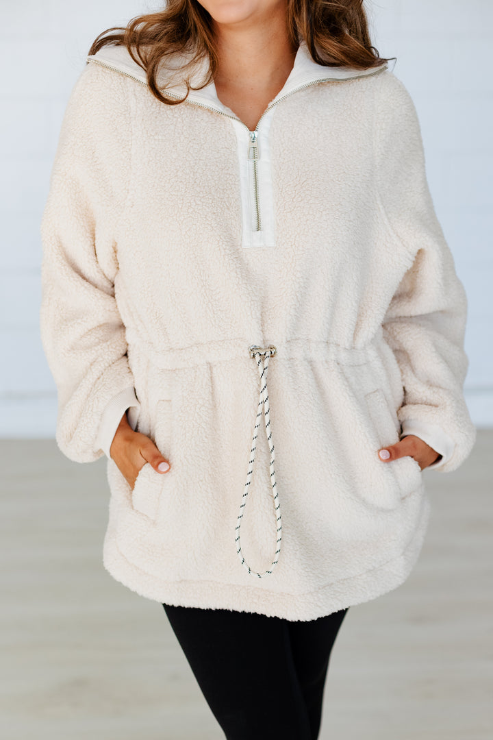 TAUPE CORDED WAIST FLEECE PULLOVER