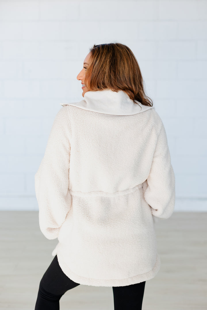 TAUPE CORDED WAIST FLEECE PULLOVER