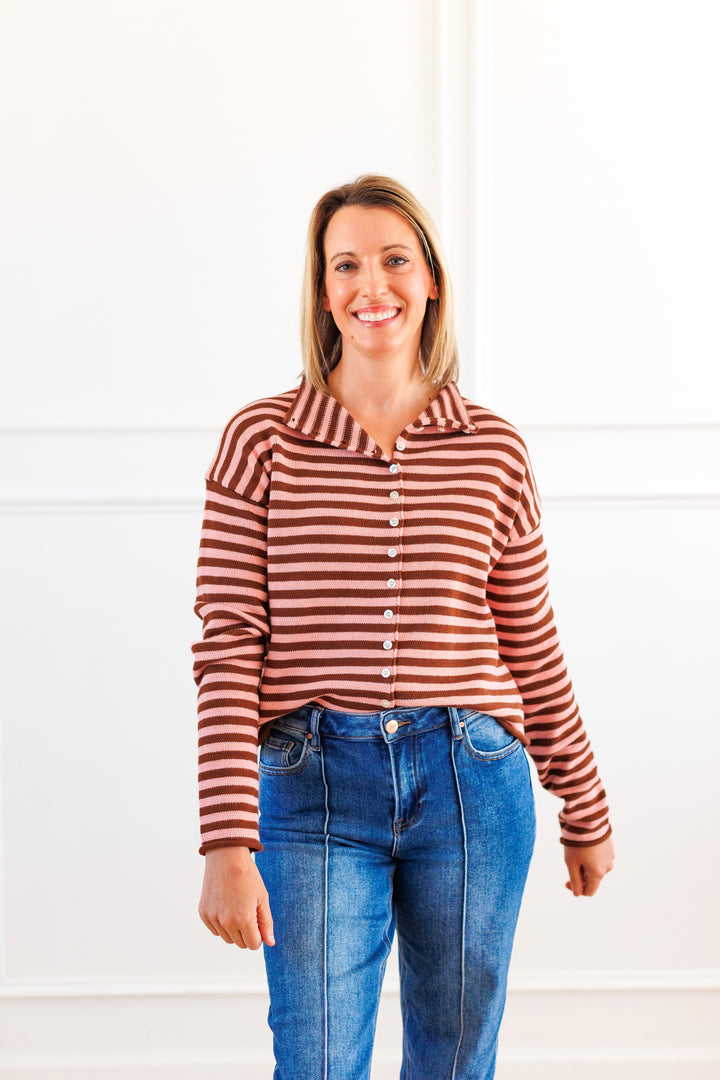 STRIPED COTTON CARDIGAN - BROWN/ BLUSH