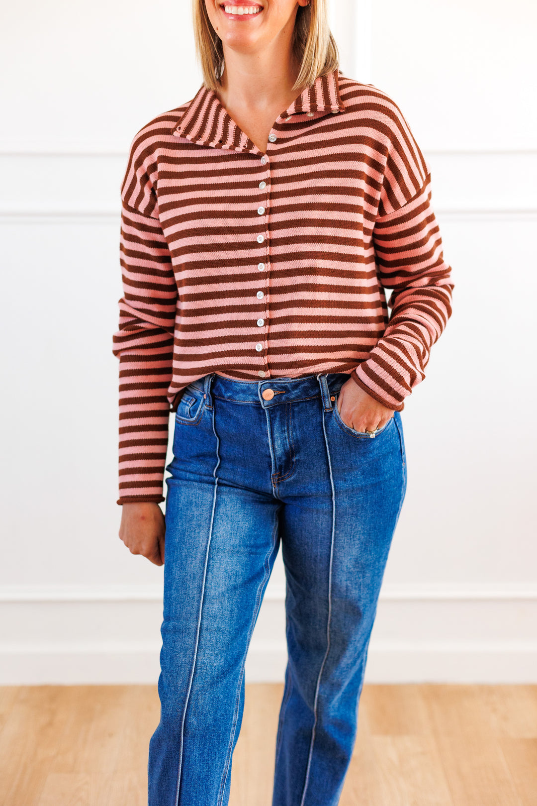 STRIPED COTTON CARDIGAN - BROWN/ BLUSH