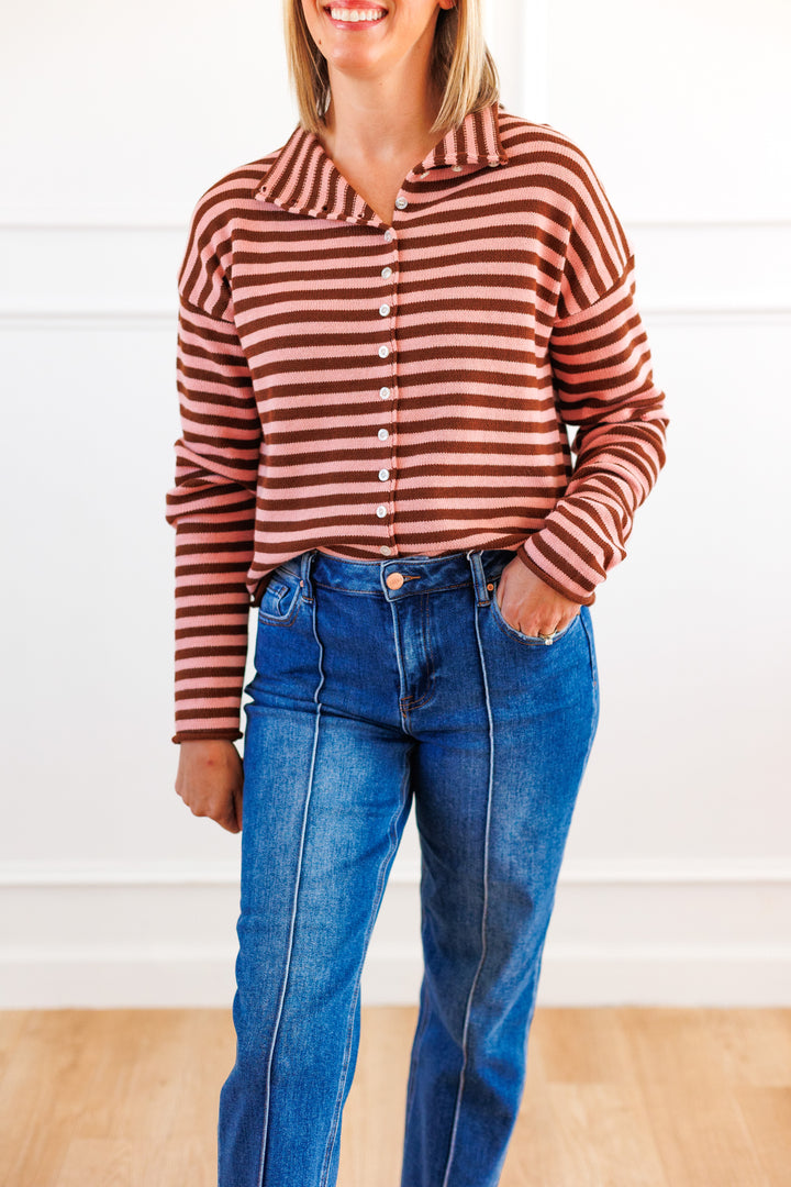 STRIPED COTTON CARDIGAN - BROWN/ BLUSH