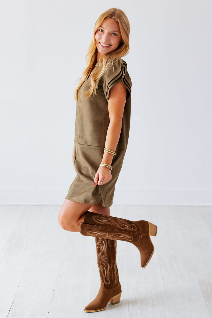 OLIVE SUEDE FLUTTER SLEEVE MINI DRESS