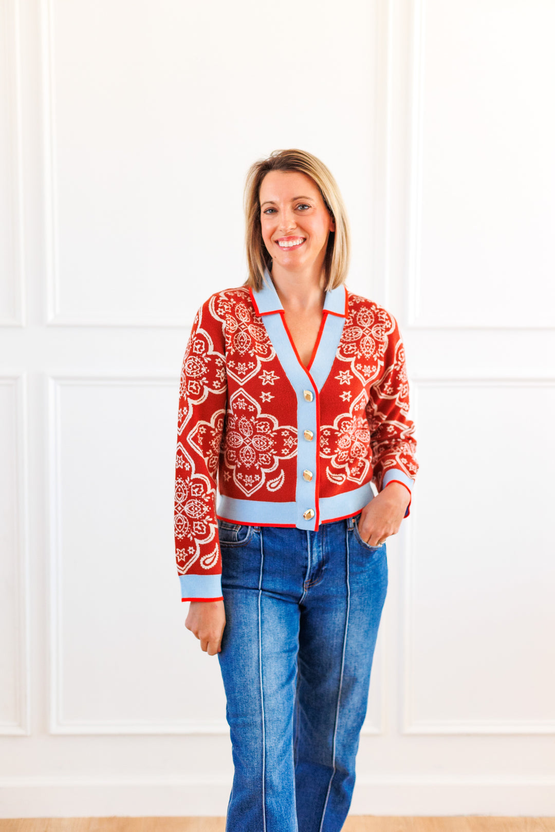 RUST WESTERN PRINT CARDIGAN