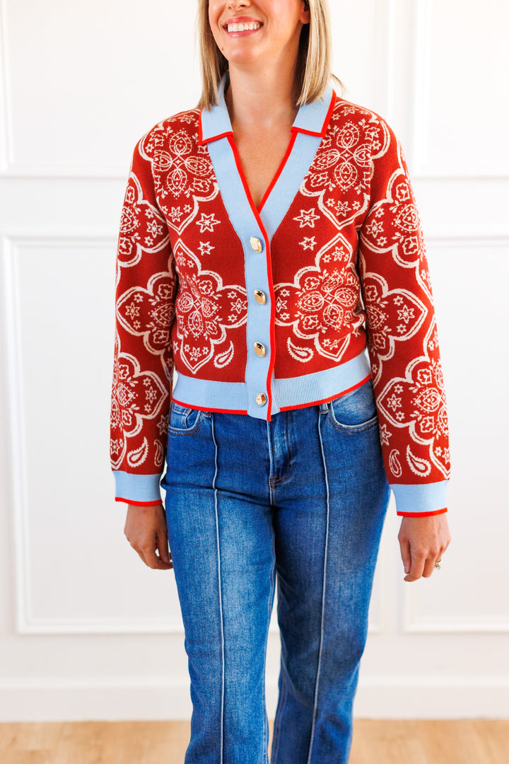 RUST WESTERN PRINT CARDIGAN