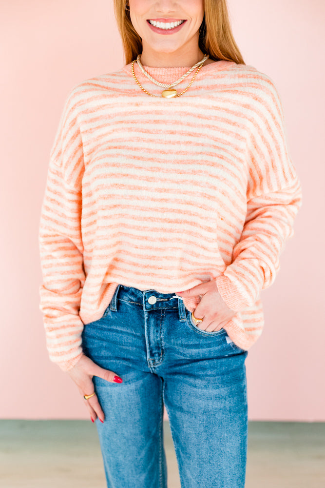 CORAL & CREAM STRIPED SWEATER