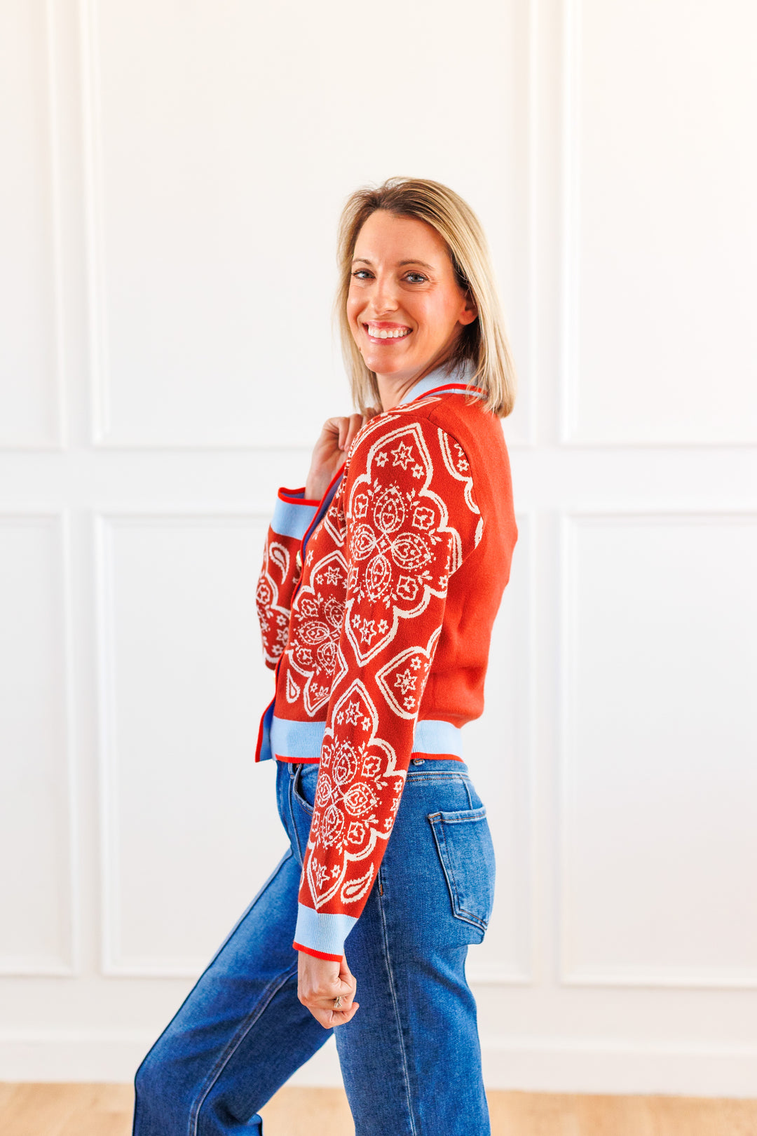 RUST WESTERN PRINT CARDIGAN