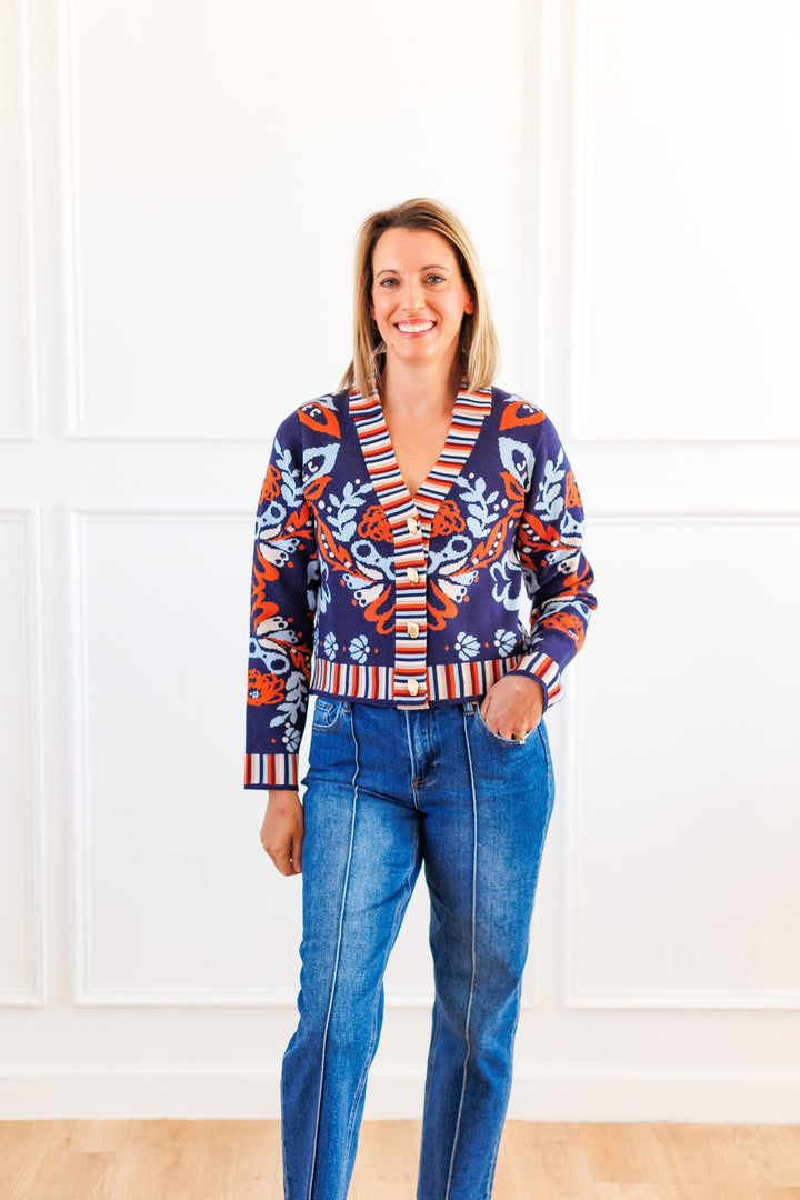 NAVY FLORAL V NECK SWEATER