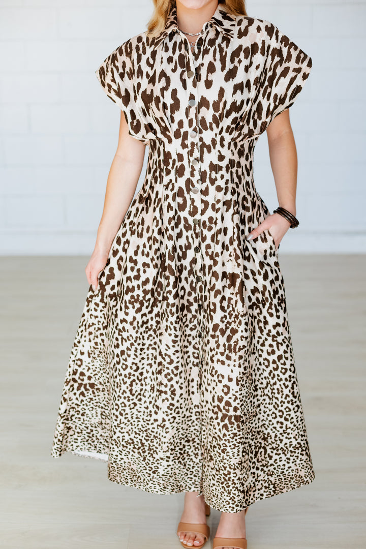 LEOPARD CINCHED WAIST MIDI DRESS