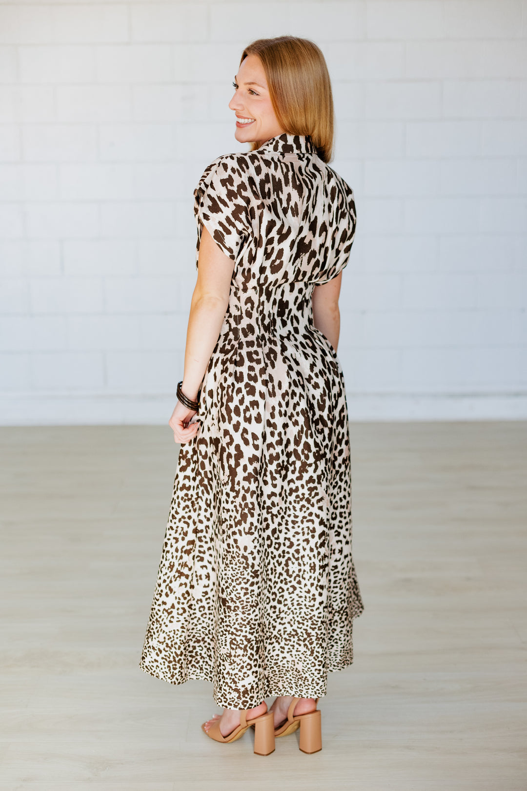 LEOPARD CINCHED WAIST MIDI DRESS