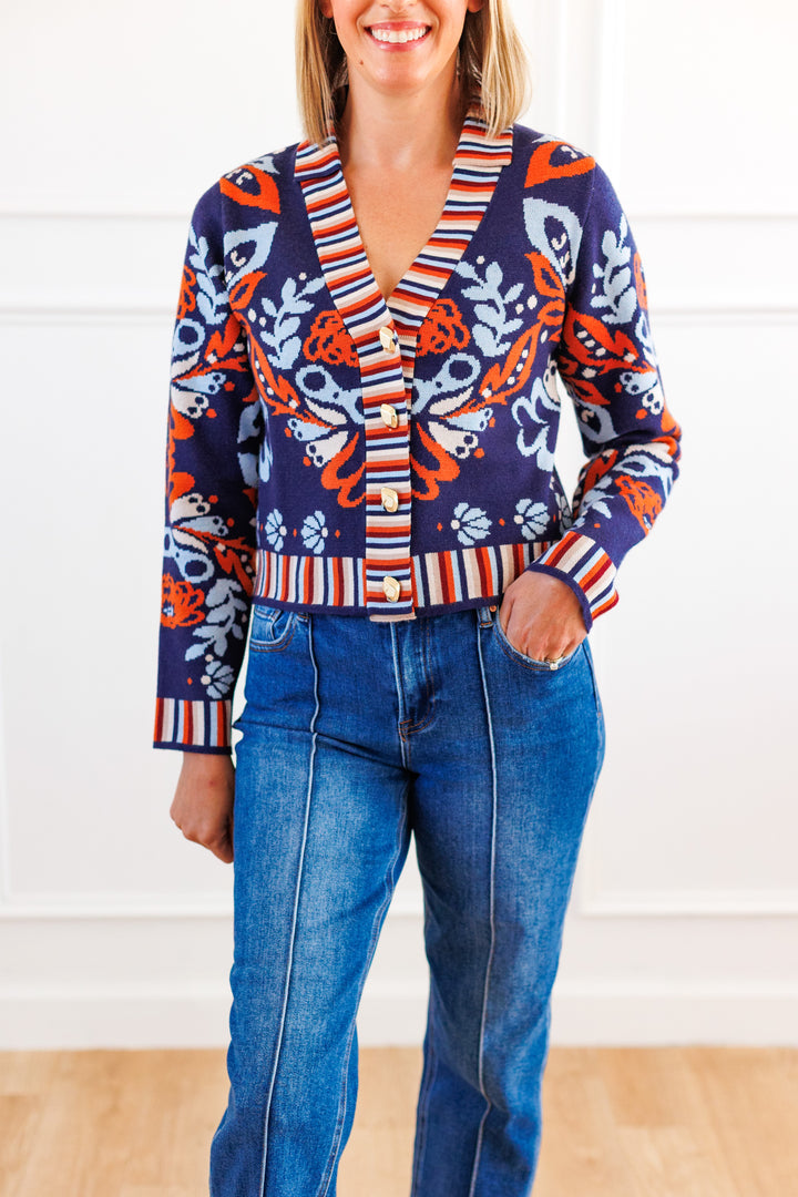 NAVY FLORAL V NECK SWEATER