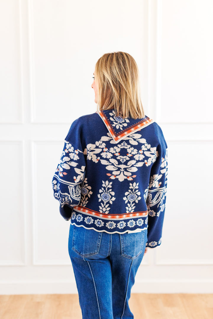 NAVY FLORAL BANDANA COLLAR SWEATER