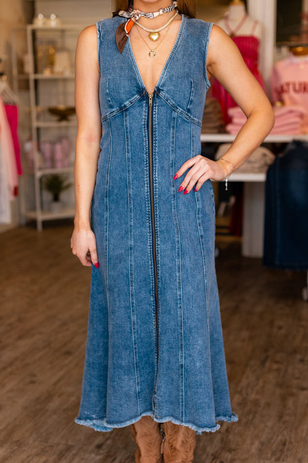 PANELLED FRONT ZIP DENIM MIDI DRESS