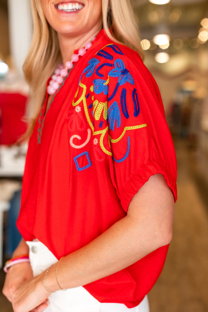 RED BRIGHT EMBROIDERED SLEEVE BLOUSE