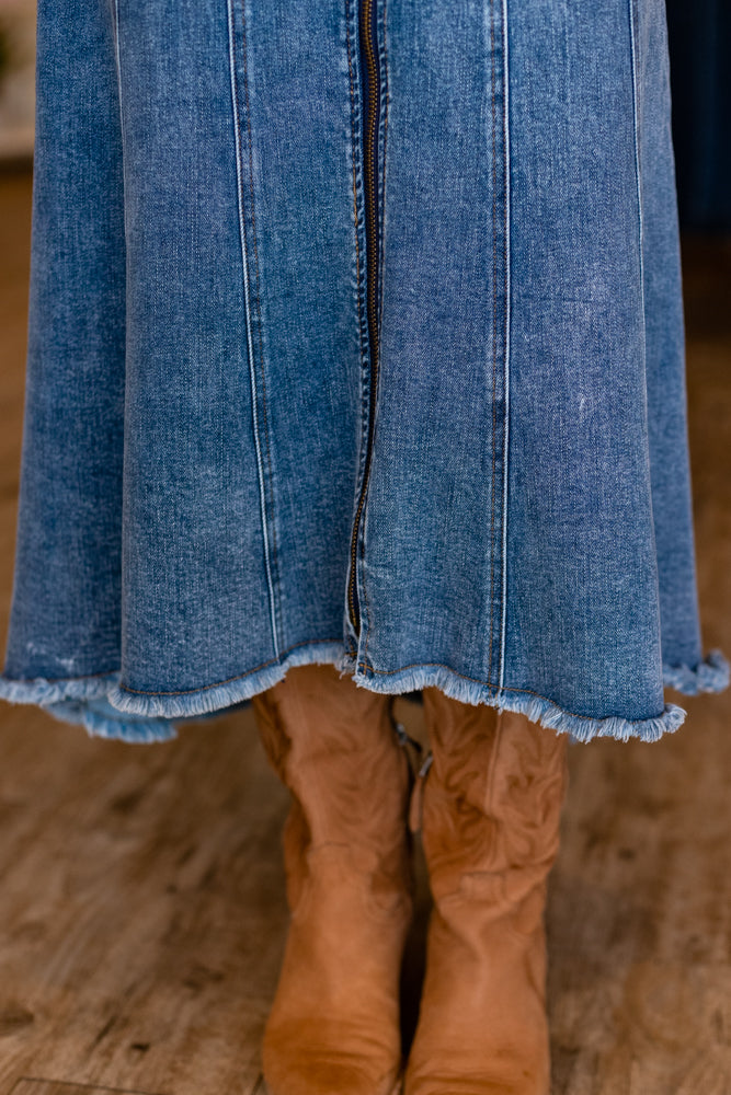 PANELLED FRONT ZIP DENIM MIDI DRESS