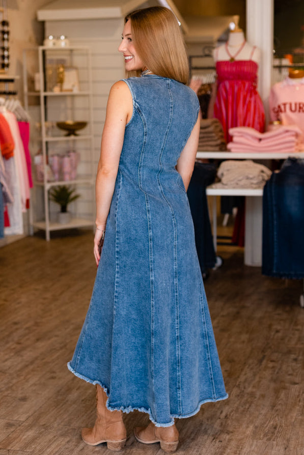 PANELLED FRONT ZIP DENIM MIDI DRESS