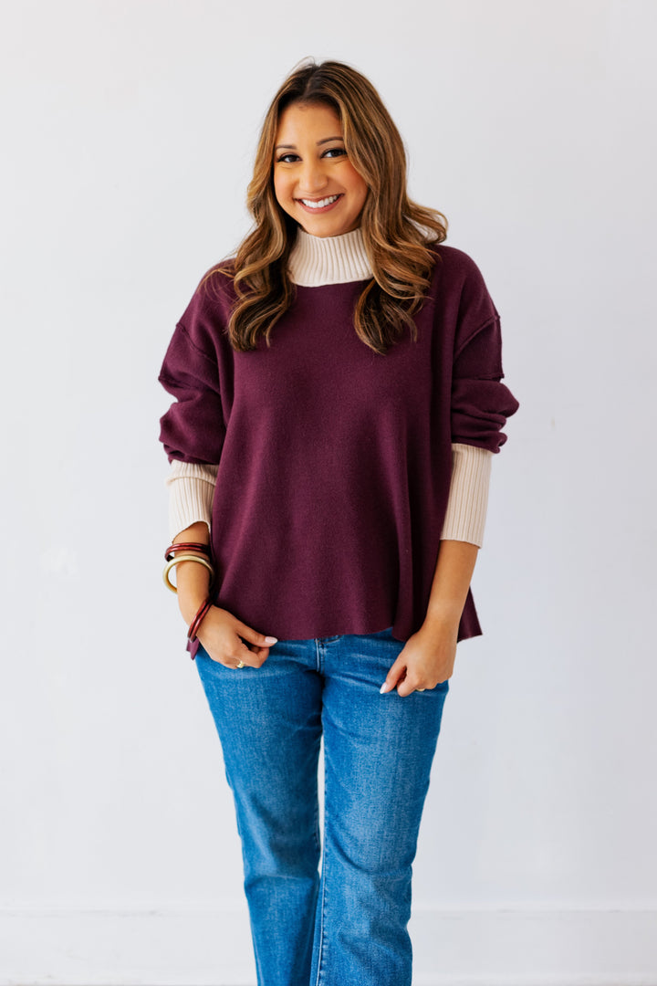 DARK WINE CONTRAST RIBBED SWEATER