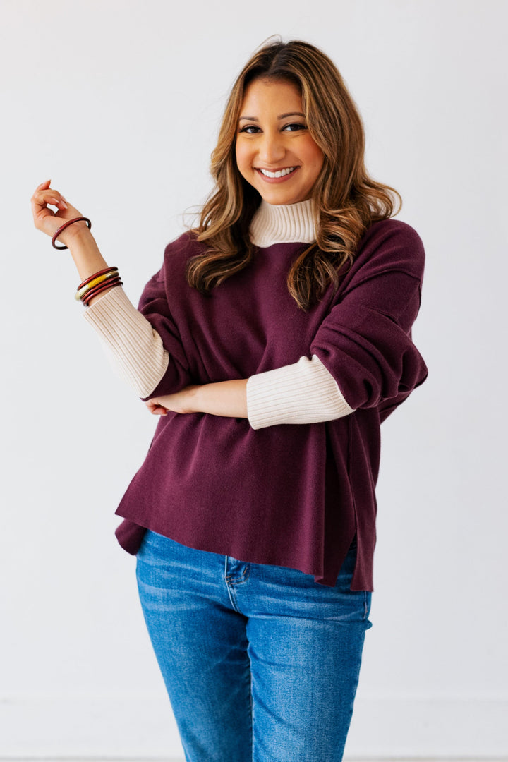 DARK WINE CONTRAST RIBBED SWEATER