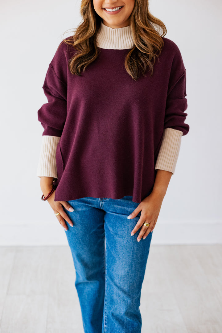 DARK WINE CONTRAST RIBBED SWEATER