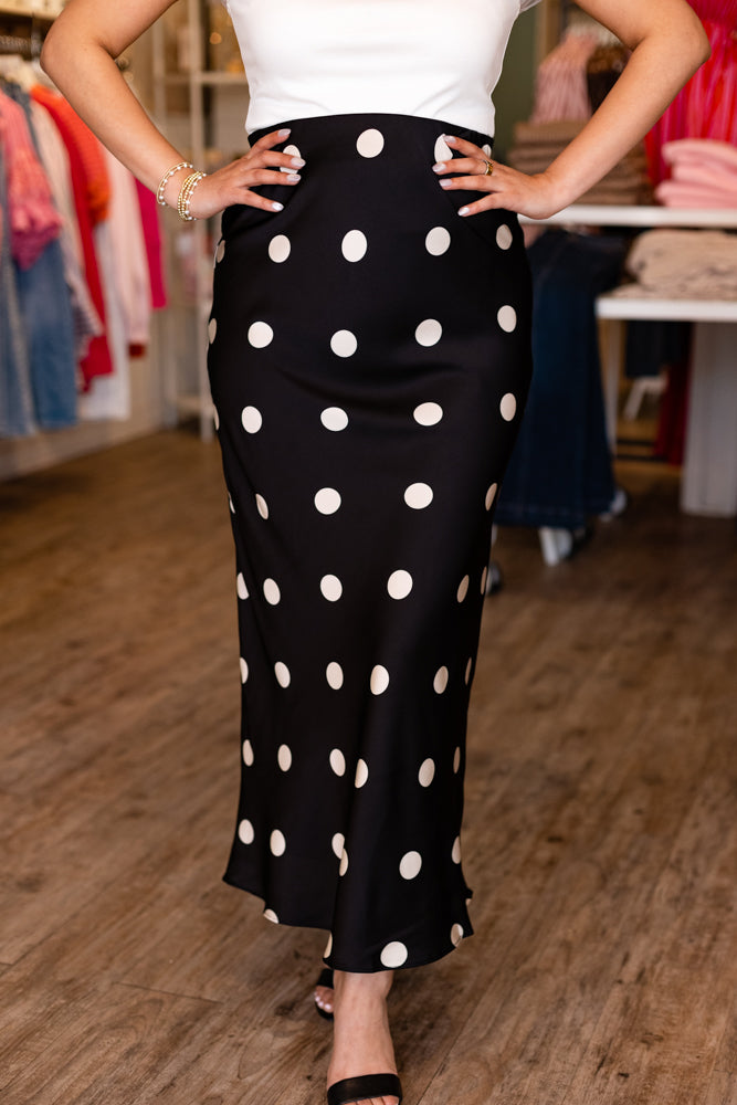 SILK POLKA DOT MIDI SKIRT- BLACK