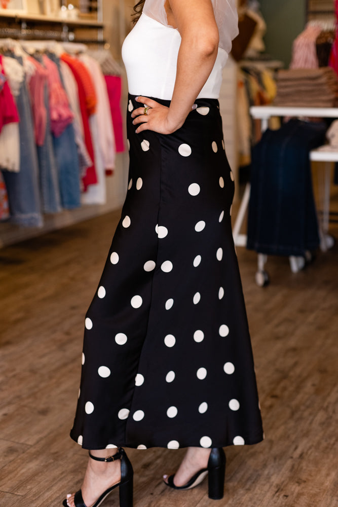 SILK POLKA DOT MIDI SKIRT- BLACK