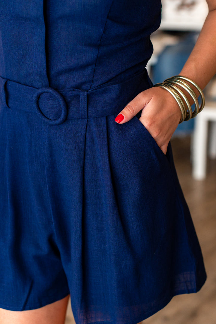 LINEN HALTER BELTED ROMPER- NAVY BLUE