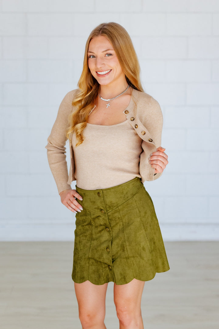 KHAKI RIBBED CAMI & CARDIGAN SET