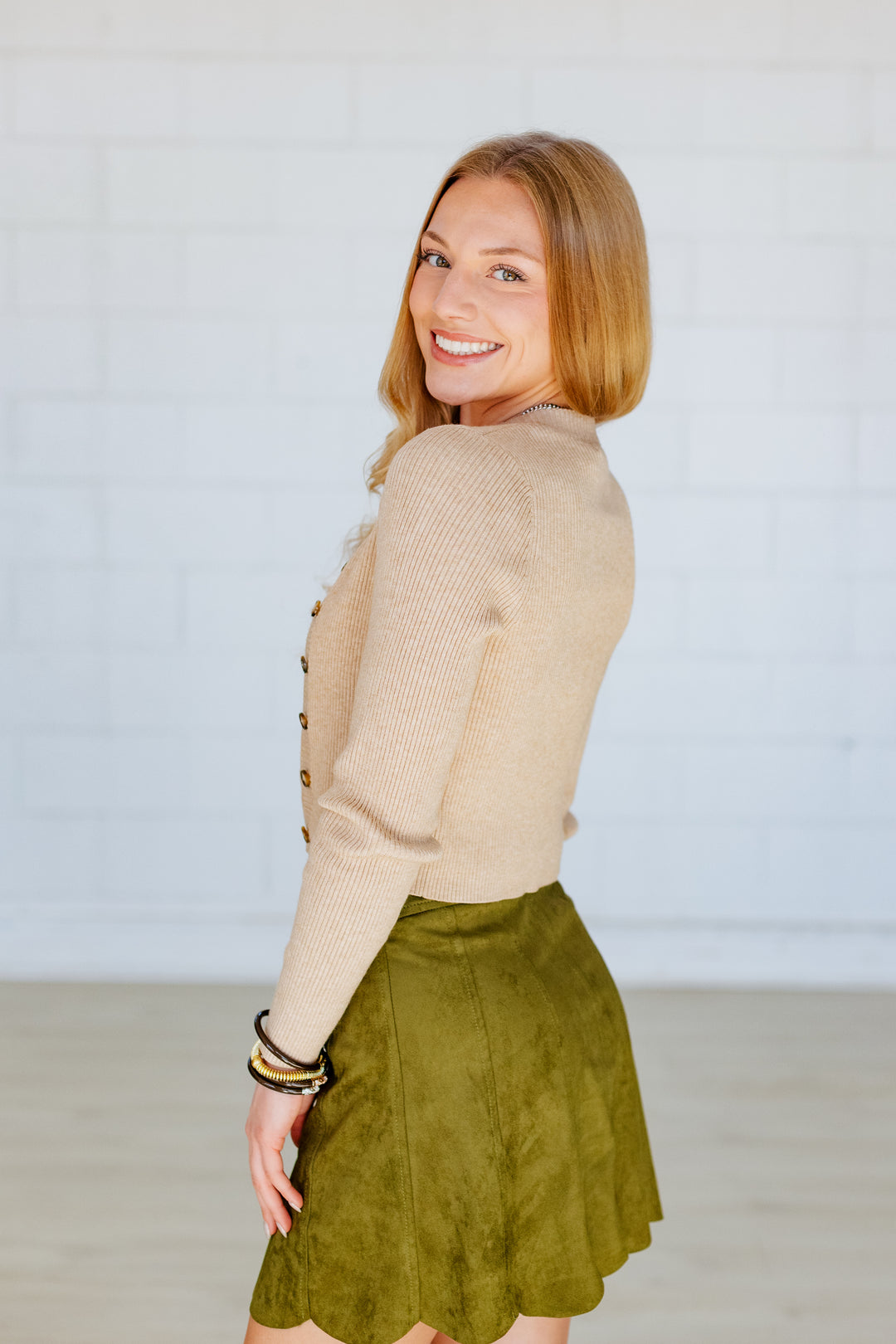 KHAKI RIBBED CAMI & CARDIGAN SET