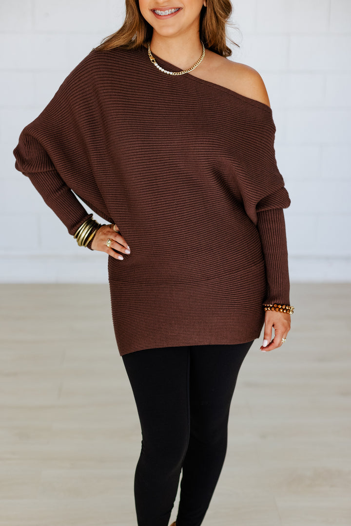 OFF THE SHOULDER RIBBED SWEATER- CHOCOLATE