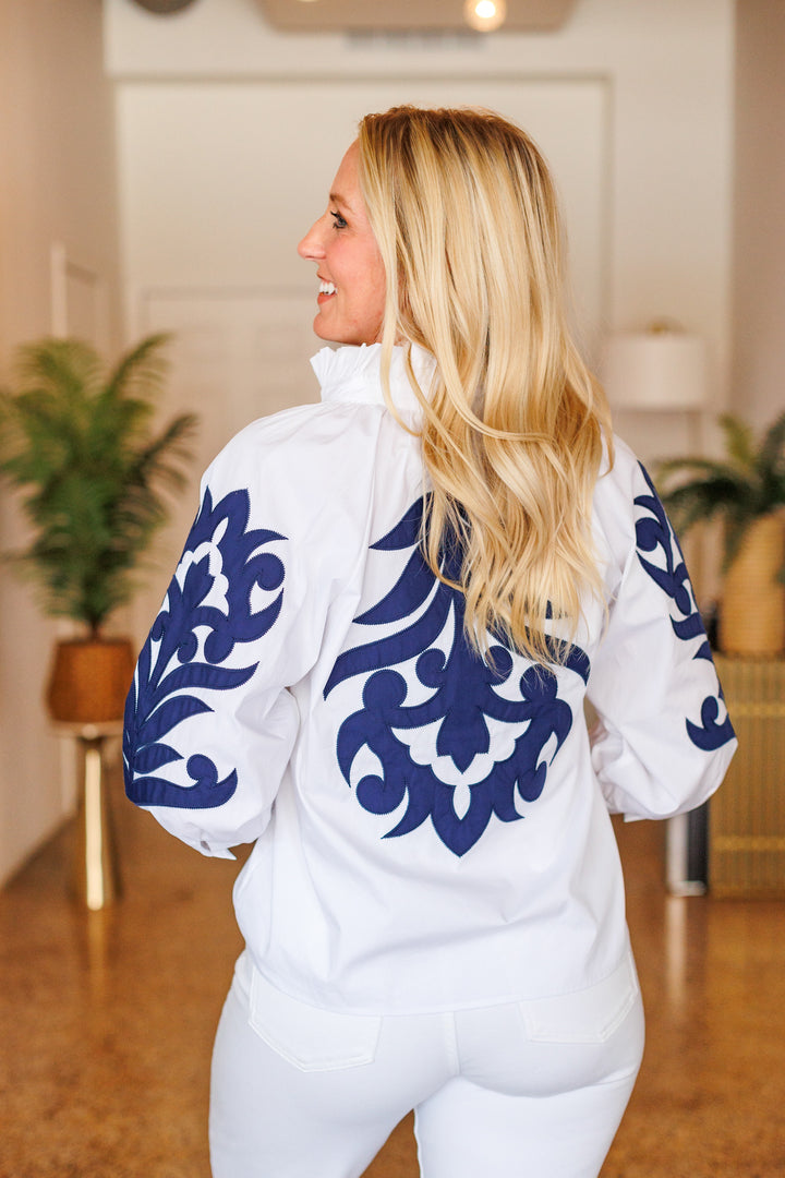 APPLIQUE 3/4 SLV BLOUSE-OFFWHITE &amp; NAVY