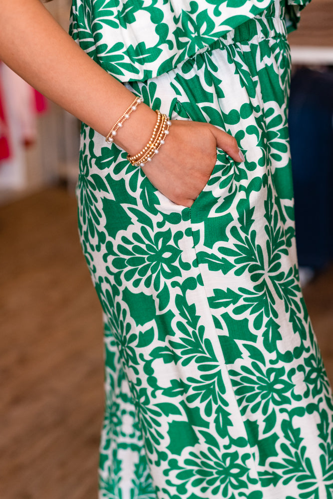GARDEN GREEN STRAPLESS PRINTED JUMPSUIT