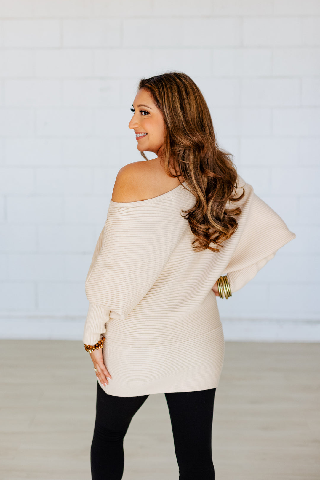 OFF THE SHOULDER RIBBED SWEATER- SAND