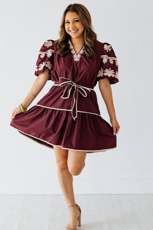 BURGUNDY EMBROIDERED SLEEVE MINI DRESS