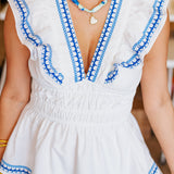 EMBROIDERED BLUE TRIM MINI DRESS