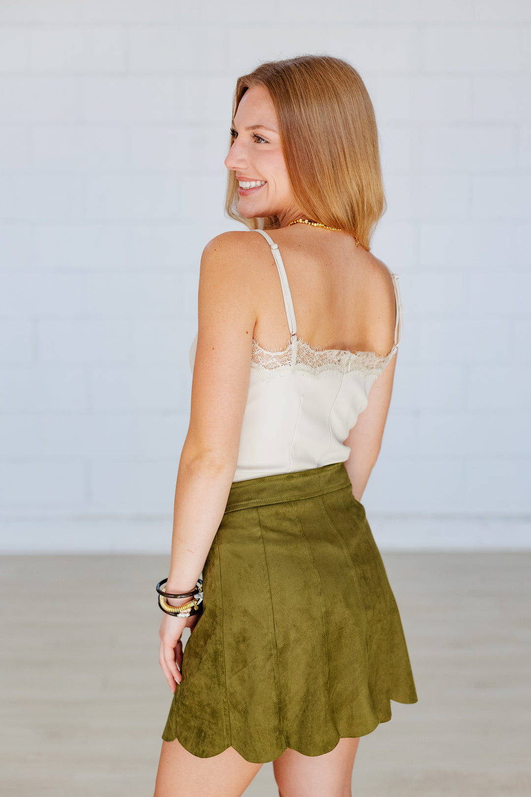 CREAM LEATHER & LACE CAMI TOP