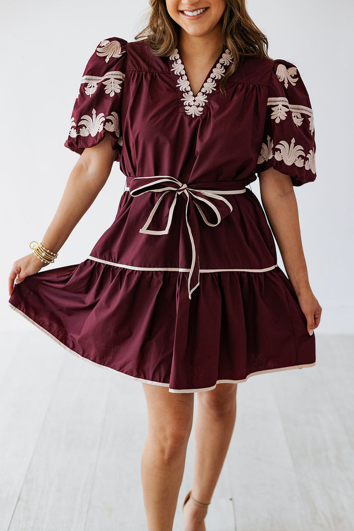 BURGUNDY EMBROIDERED SLEEVE MINI DRESS