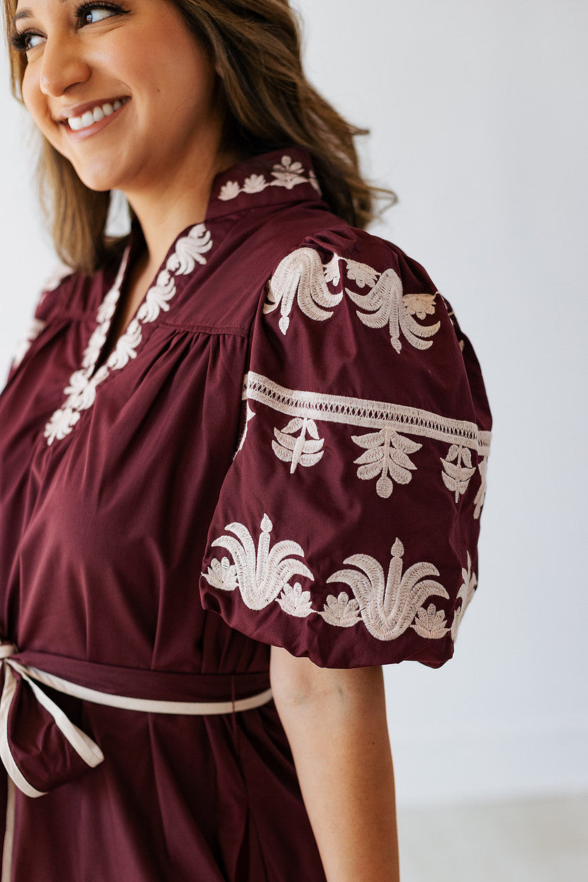 BURGUNDY EMBROIDERED SLEEVE MINI DRESS
