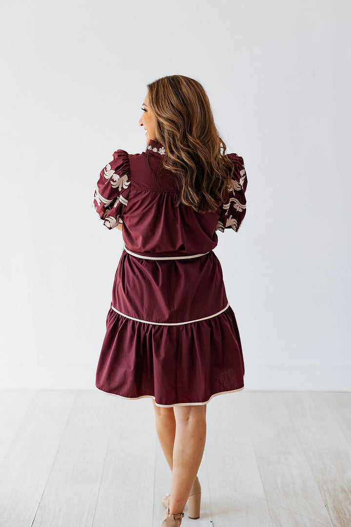 BURGUNDY EMBROIDERED SLEEVE MINI DRESS