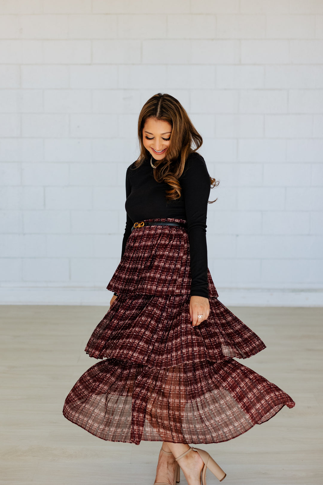 BURGUNDY PLAID TIERED MAXI SKIRT
