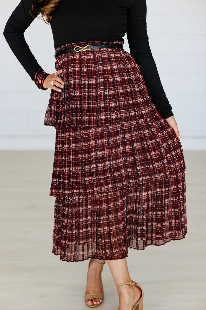 BURGUNDY PLAID TIERED MAXI SKIRT