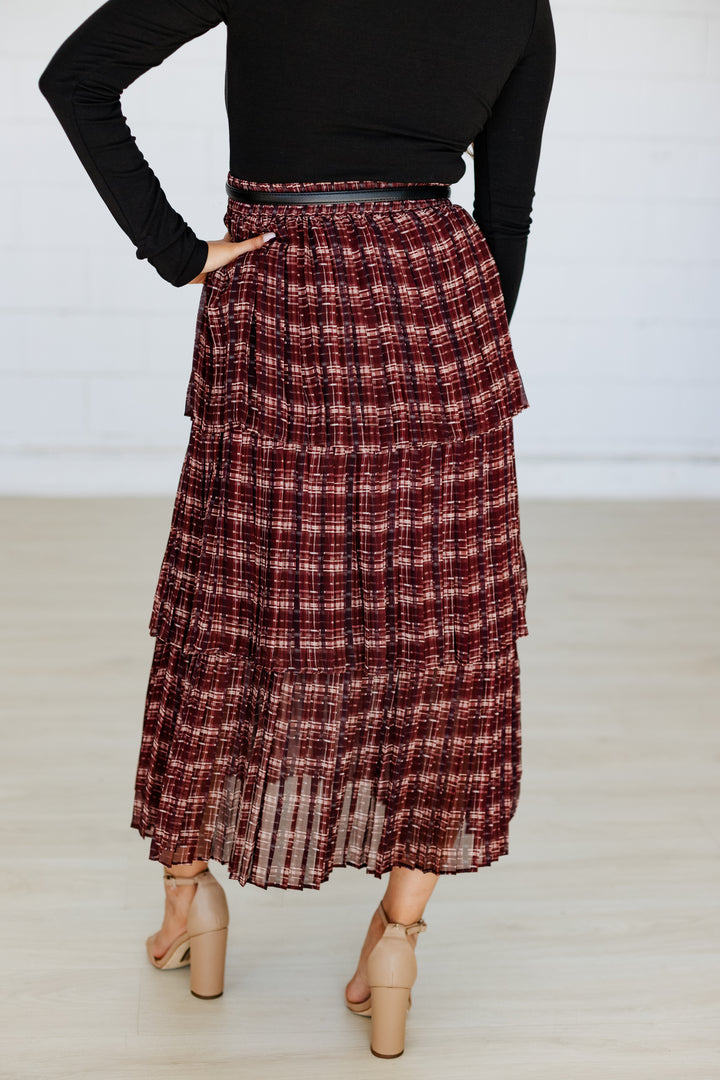 BURGUNDY PLAID TIERED MAXI SKIRT