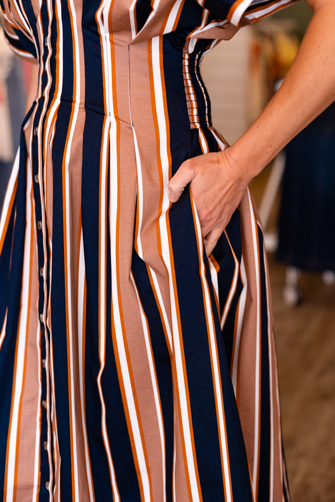 FITTED WAIST STRIPED BUTTON MAXI DRESS- NAVY & BROWN