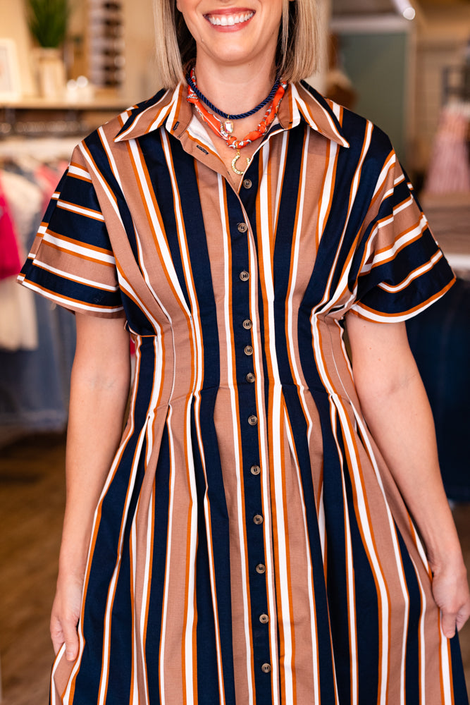 FITTED WAIST STRIPED BUTTON MAXI DRESS- NAVY & BROWN