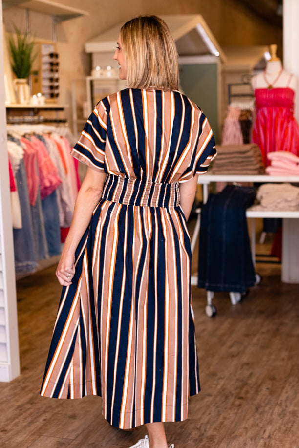 FITTED WAIST STRIPED BUTTON MAXI DRESS- NAVY & BROWN