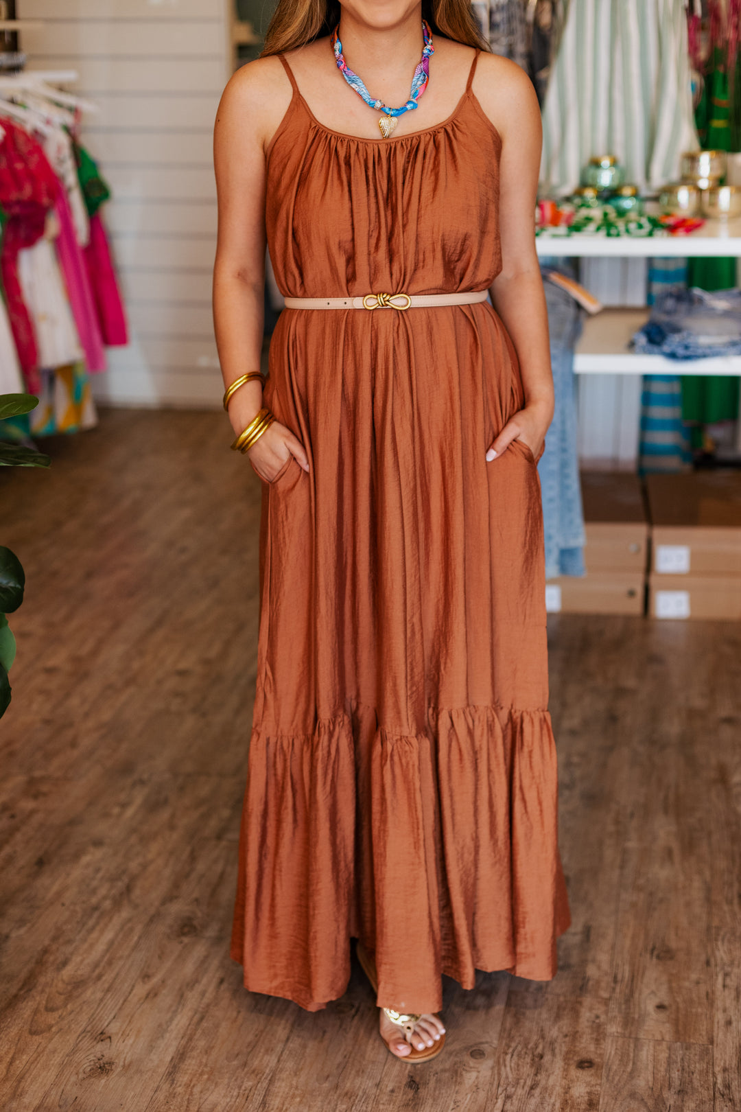 CARAMEL FLOWY MAXI DRESS