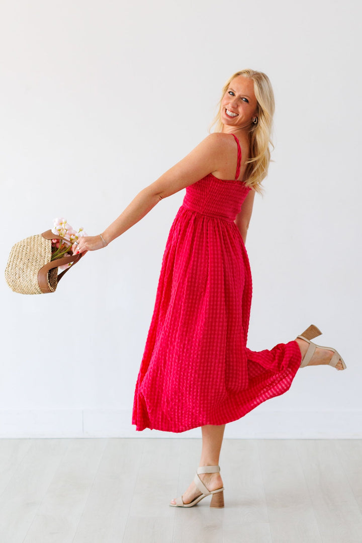 CHERRY GINGHAM TEXTURED MAXI DRESS