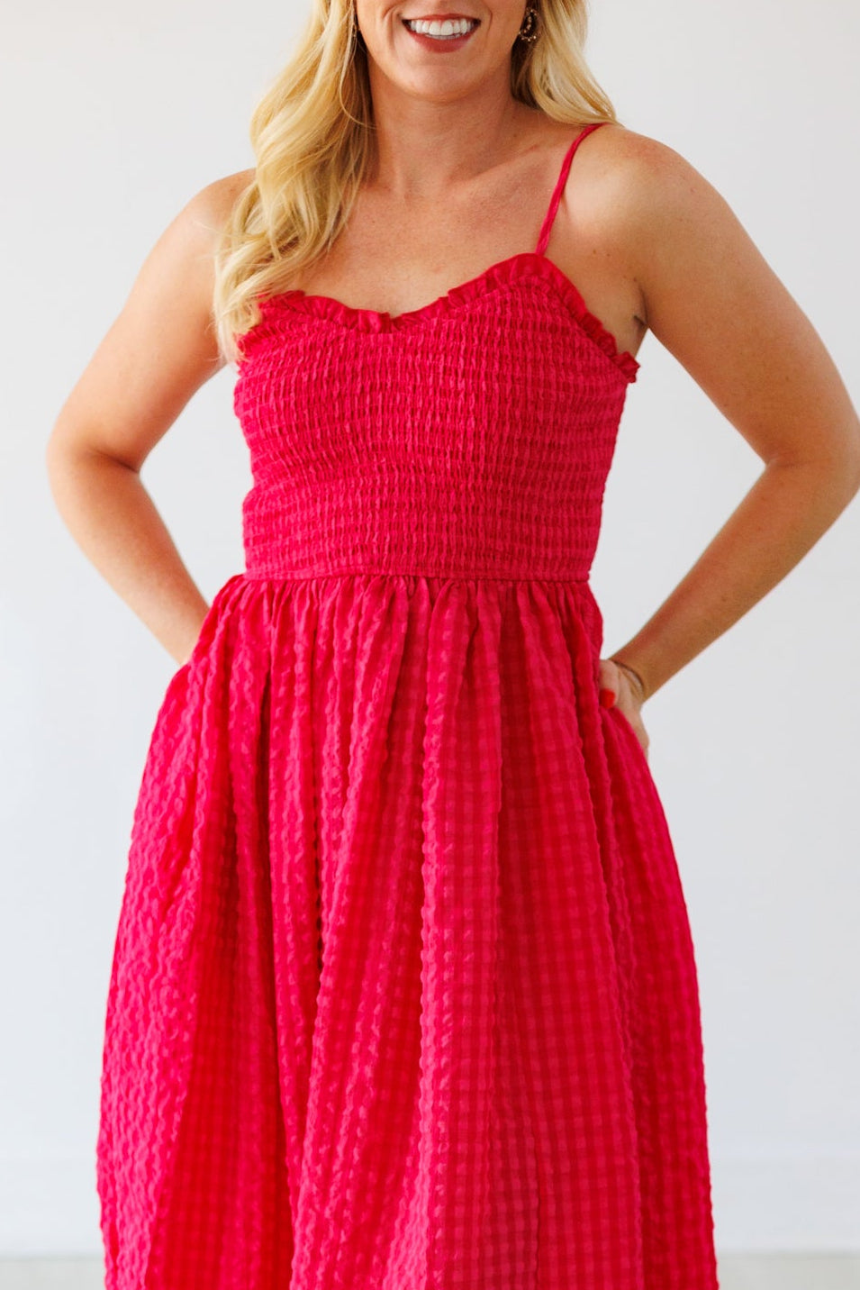 CHERRY GINGHAM TEXTURED MAXI DRESS