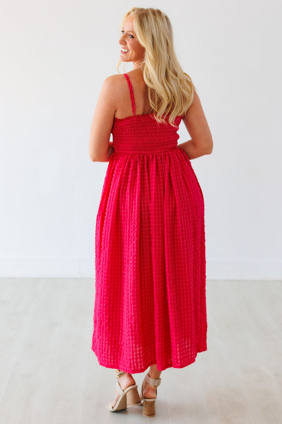 CHERRY GINGHAM TEXTURED MAXI DRESS