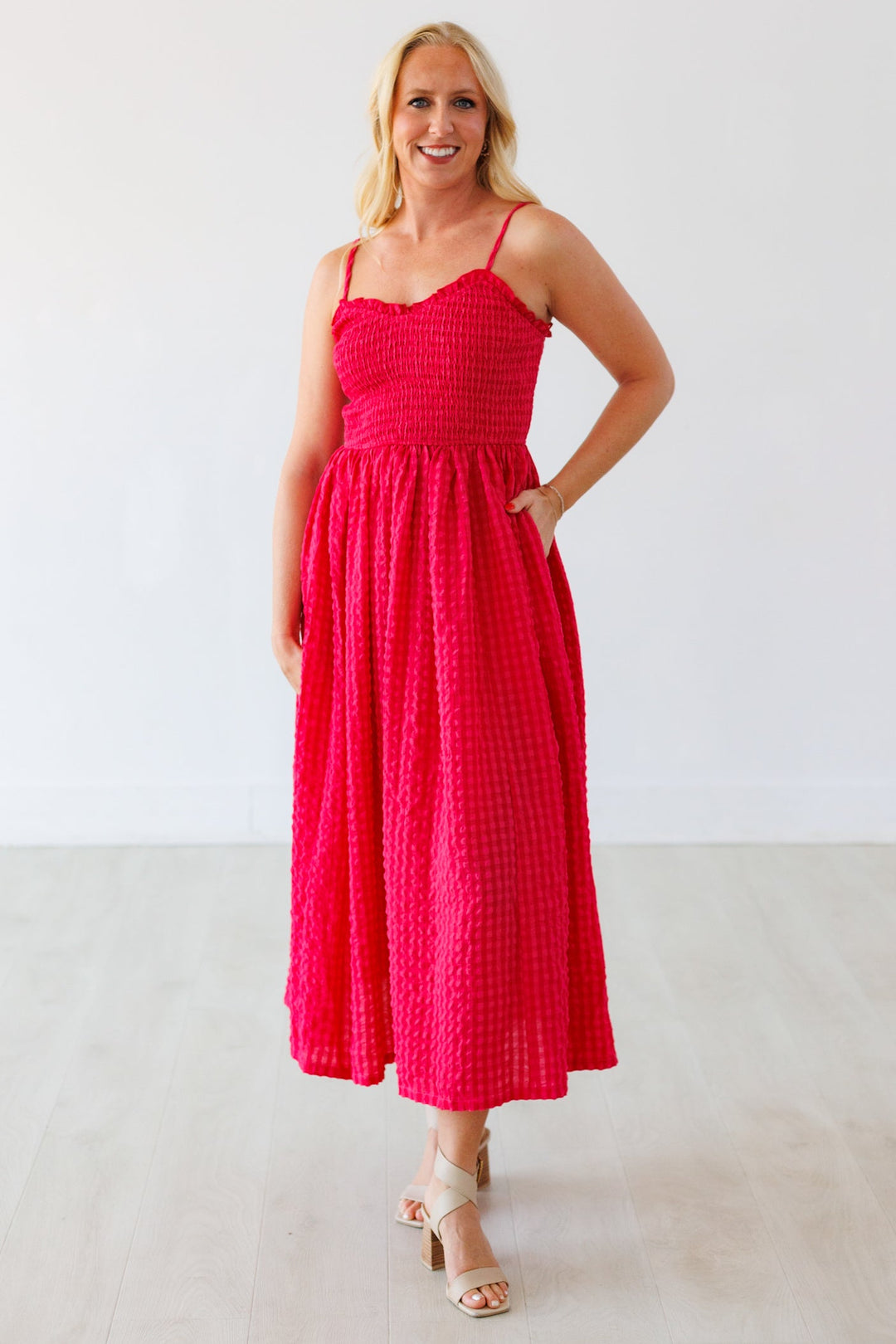 CHERRY GINGHAM TEXTURED MAXI DRESS